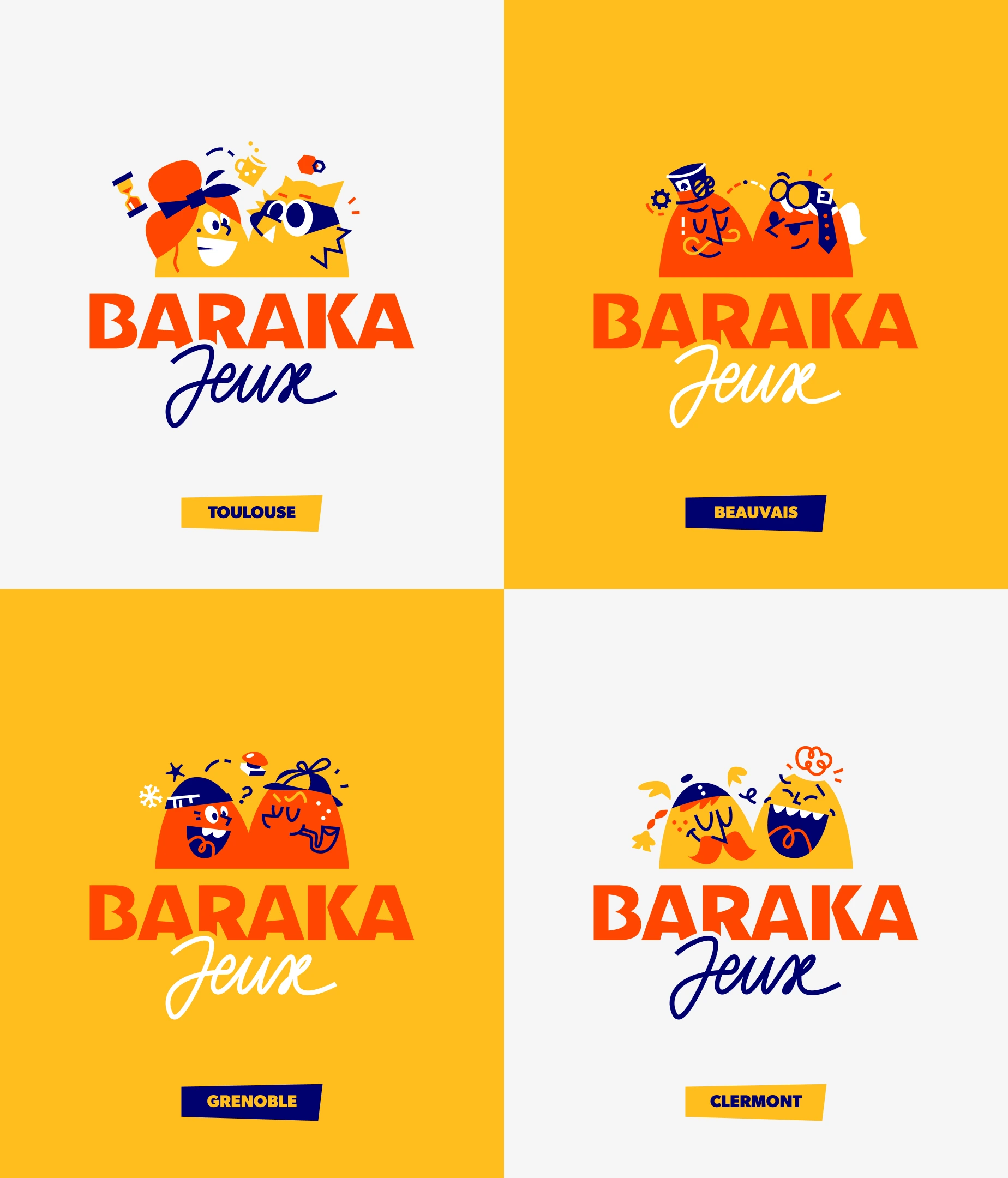 Déclinaisons du logo Baraka Jeux (Toulouse, Beauvais, Grenoble et Clermont)
