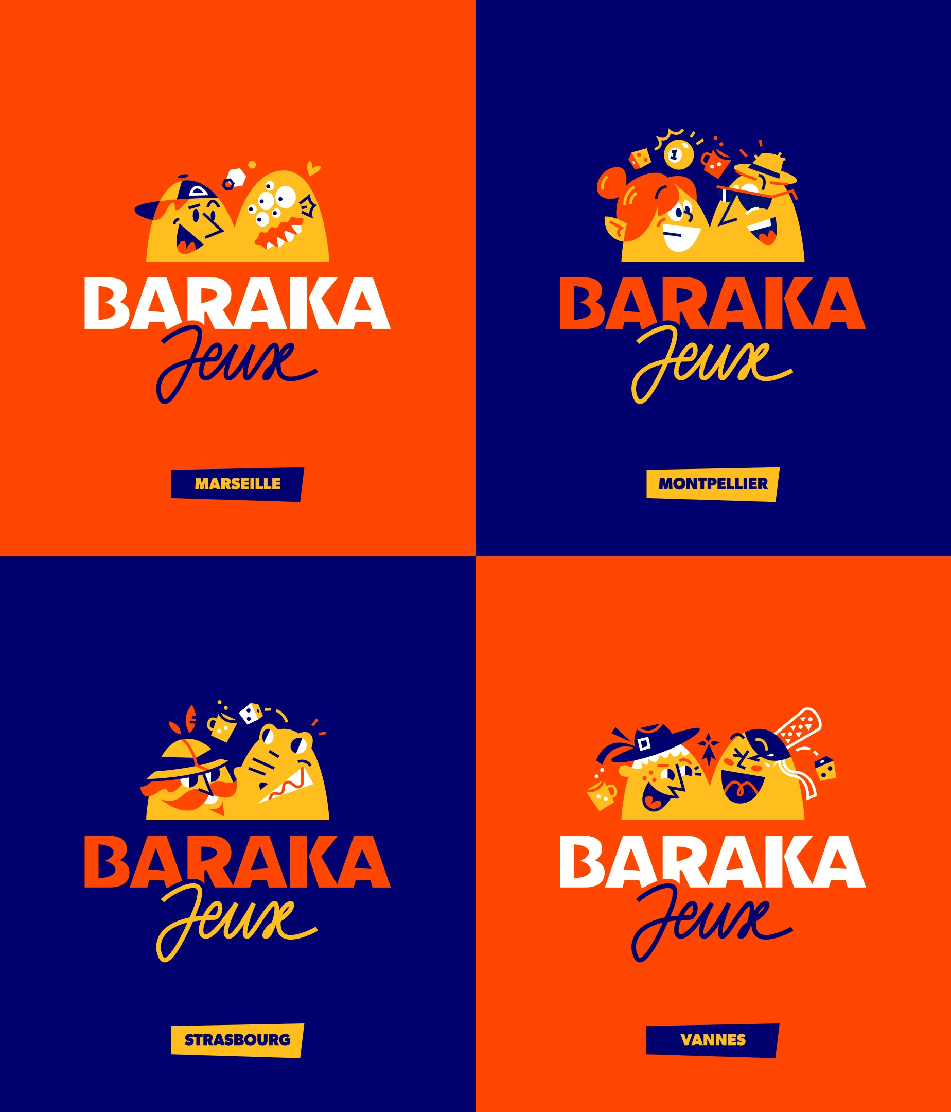Déclinaisons du logo Baraka Jeux (Marseille, Montpellier, Strasbourg et Vannes)